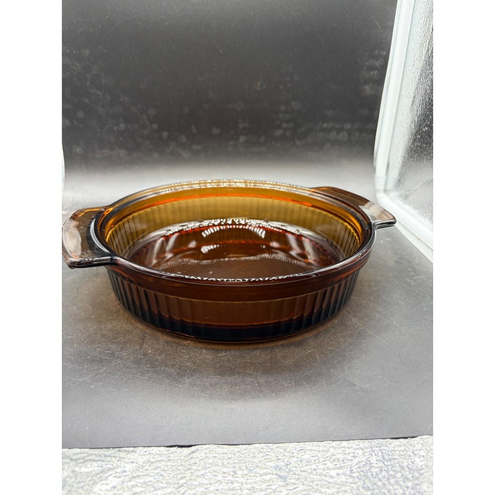 Anchor Hocking Fire-King Amber Glass Round Baking Dish 1429 Ribbed 9 inch Brown